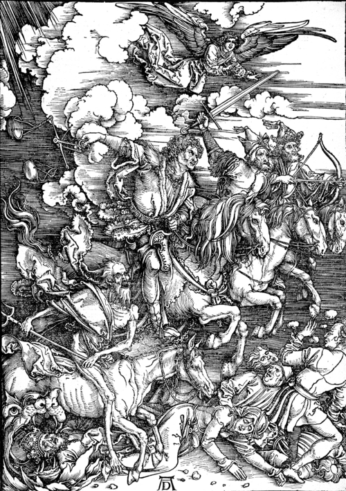 Grausam wird es hergehen, wenn „Die vier Apokalyptischen Reiter” (hier Dürers Holzschnitt von ca. 1497) über die Welt hereinbrechen. Aber es wird, wofür der Reiter mit der Waage bürgt, um nichts anderes als um endlich ausgleichende Gerechtigkeit gehen, und die, die dann unten zermalmt liegen werden, werden ganz sicher die sein, die einst in den „oberen Ligen“ spielten.