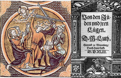 links: Bildnis von Gewalt gegen Juden entstanden 1250 ;rechts: "Von den Juden und ihren Lügen": mit dieser Schrift begann Martin Luthers Serie judenfeindlicher Schriften von 1543
