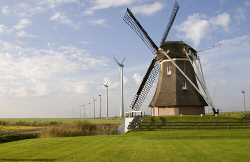 Goliath hat überlebt - jedenfalls im Windpark Westereems nördlich von Groningen. Zur alten Mühle gesellten sich seit 2008 insgesamt 52 Windturbinen mit einer Gesamthöhe von ca. 100 Metern und einen Rotordurchmesser von rund 80 Metern. Der holländische Windpark erzeugt jährlich mit etwa 470 Millionen Kilowattstunden somit genug Strom für 135.000 Haushalte. Und so geht auch die "Kultur der Landschaft" Hand in Hand mit der Energiegewinnung moderner Gesellschaften einher. 