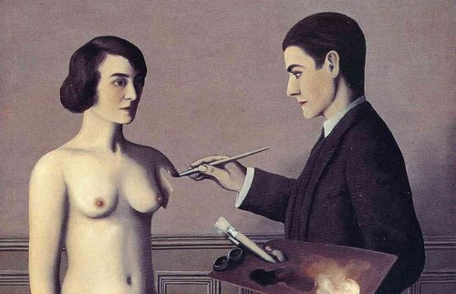 René Magritte. „Attempting the impossible“. 1928. - "Ein Maler, der einen Maler malt, der eine Frau malt. Also hier ist nicht das Verrückt sein visualisiert, sondern die Beobachtung zweiter Ordnung." Magritte zeigt sich selbst beim in die Luft Malen einer nackten Frau. Die Frau und die starke Farbauswahl dominieren viele seiner früher Werke. 1925 entschied sich Magritte, sich von Abstraktionen abzuwenden und "nur Objekte mit allen sichtbaren Details" zu zeichnen. Durch die Abbildung von Objekten in sonderbaren Situationen konnte er in "Wettberwerb mit der realen Welt" treten. Paradoxien und Kontraste wurden zum wiederkehrenden Motiv in Magritte's Arbeiten.