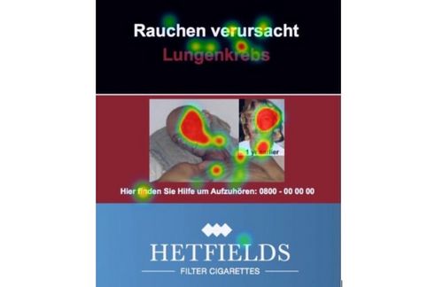 Eine sogenannte "Heat-Map" aus Egerers Studie. Diese zeigt, an welchen Stellen der Beobachter wie lange hängen geblieben ist - je länger, desto "wärmer" die Farbe und desto größer der Kreis. Hier wird ersichtlich, dass der Proband sich vor allem auf die Gesichter des Warnbildes konzentriert hat.