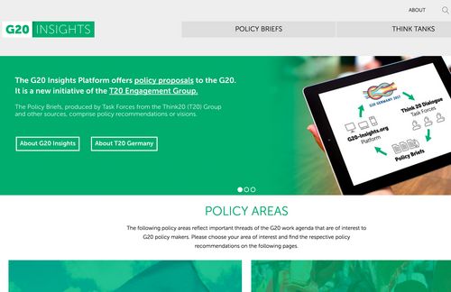 Die Plattform „G20 Insights“ ist eine neue Initiative der Think 20-Gruppe und richtet sich mit regelmäßigen Vorschlägen in Form sogenannter „Policy Briefs“ an die Gruppe der G20. Arbeitsgruppen innerhalb dieses Prozesses erstellen dabei sowohl Empfehlungen als auch Visionen und versuchen damit, wissenschaftlich fundierte Antworten auf komplexe, globale Probleme zu finden. Dabei setzen die Mitglieder nicht nur auf hintergründige wissenschaftliche Analysen, sondern auch auf die Kommunikation ihrer Ergebnisse an die breite Öffentlichkeit. Experten aus allen G20-Mitgliedsstaaten bringen dabei ihr Fachwissen in das gemeinsame Netzwerk ein, das Sie mit einem Klick auf das Bild noch genauer kennenlernen können.