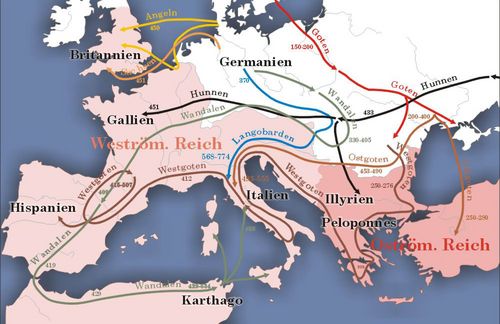 Unter dem geschichtlich geprägten Begriff der Völkerwanderung werden vor allem große Migrationsströme innerhalb Europas vom vierten bis zum fünften Jahrhundert verstanden. Betroffen schon damals: vor allem der westliche Mittelmeerraum. Ihren großen Beginn nahm die Zeit der Völkerwanderung mit dem Einbruch der Hunnen nach Europa circa 375 und dauerte bis zum Einfall der Langobarden in Italien 568 an. Die Bewegungen zogen eine tiefgreifende Neuordnung der germanischen und romanischen Bevölkerungsgruppen nach sich. Die Umgestaltung prägte die politische, soziale und kulturell-religiöse Struktur Europas bis ins Mittelalter. Die Wanderbewegungen bewirkten, dass sich verschiedene eigenständige Reiche germanischer Stämme auf römischem Boden bildeten. Das Römische Reich in seiner bisherigen Form zerfiel allmählich und wurde 395 geteilt in eine westliche und eine östliche Hälfte. Das Weströmische Reich zerbrach 476, während das Oströmische Reich – auch Byzanz genannt – noch bis 1453 bestand.