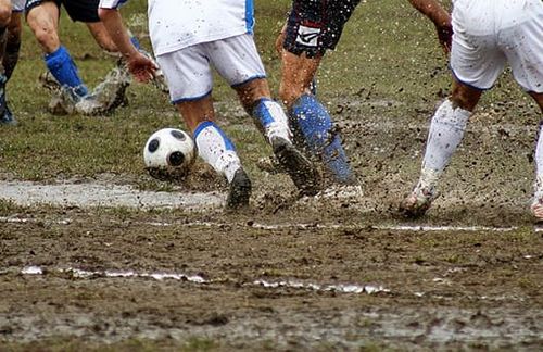 So nicht, meine Herren! Nur Dilettanten lassen beim Fußballspiel Matsch, Schlamm und Dreck ans Tageslicht treten. Bei den Profis rollt der Ball auch nach der Sintflut lieblich übers grüne, grüne Gras.