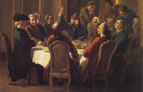 Das Gemälde „Un dîner de philosophes“ von Jean Huber aus dem Jahr 1772: Dargestellt ist ein imaginäres Abendessen in Ferney, das so nie stattgefunden hat, Voltaire in der Mitte mit erhobener Hand, Diderot rechts außen. Diderot war lange ein Bewunderer Voltaires, so lobte er dessen Verhalten in der Affäre Jean Calas. Das Verhältnis wurde später distanzierter. Im Februar 1778 weilte Voltaire zur Uraufführung seines Stücks Irène in Paris. Ob er dabei auch Diderot traf, ist umstritten.