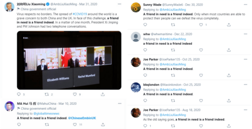 „A friend in need is a friend indeed” – mit Phrasen wie diesen kommentierten prochinesische Fake-Accounts über Monate hinweg Lieferungen von Impfstoff oder Schutzkleidung durch China. Besonders häufig verwendet wurde dieser Satz in Tweets eines koordinierten Netzwerks von 62 Accounts, deren einzige Aufgabe es war, dem chinesischen Botschafter in London beizupflichten. Fast 20.000 und damit nahezu die Hälfte aller Retweets des Diplomaten zwischen Juni 2020 und Januar 2021 gingen auf das Konto der koordinierten Fake-Accounts, die von ZU-Alumnus Marcel Schliebs entdeckt wurden.