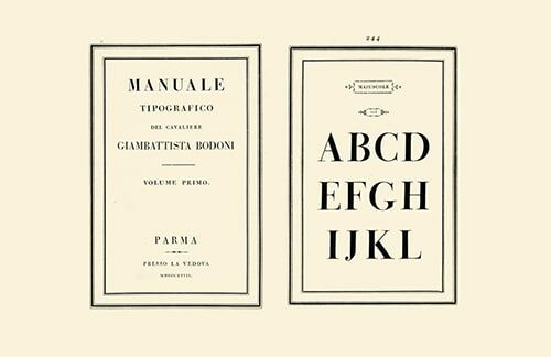 Giambattista Bodoni: Manuale Tipografico (1818), Titelseite und exemplarische Innenseite (Montage: Zeppelin Universität)