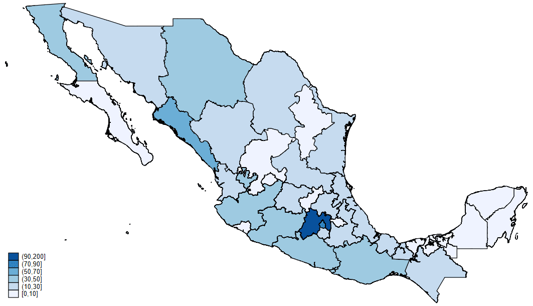 Die Mordrate pro 100.000 Einwohnerinnen und Einwohner in den mexikanischen Bundesstaaten im Januar 2004 und im Dezember 2016