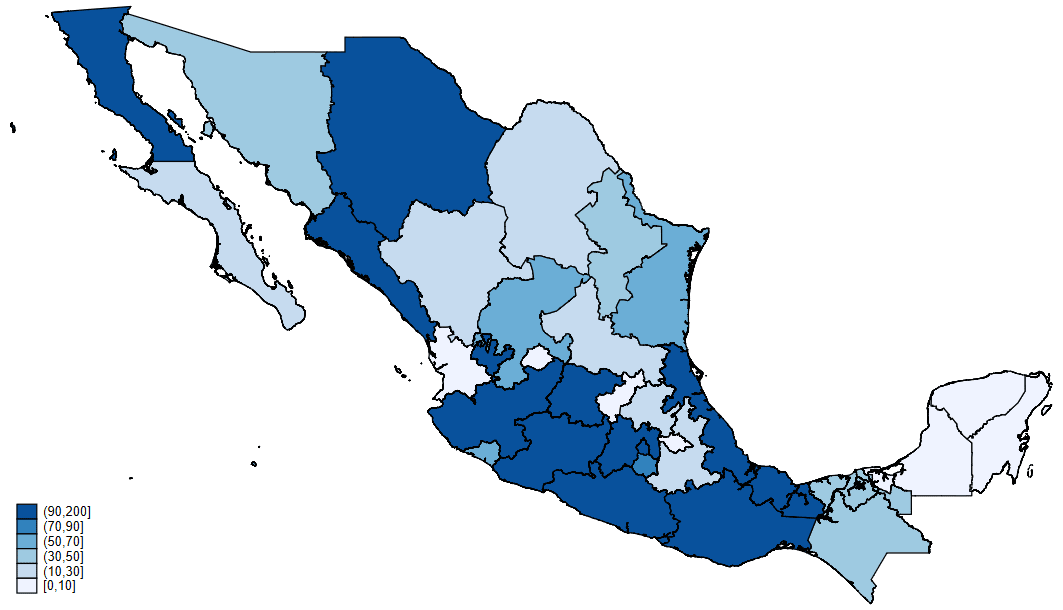 Die Mordrate pro 100.000 Einwohnerinnen und Einwohner in den mexikanischen Bundesstaaten im Januar 2004 und im Dezember 2016
