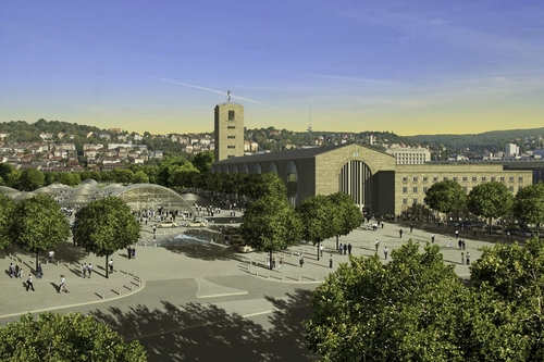 Die Visualisierung zeigt der großen Traum der Landeshauptstadt: Stuttgarts neuer Hauptbahnhof im idyllischen Grün.